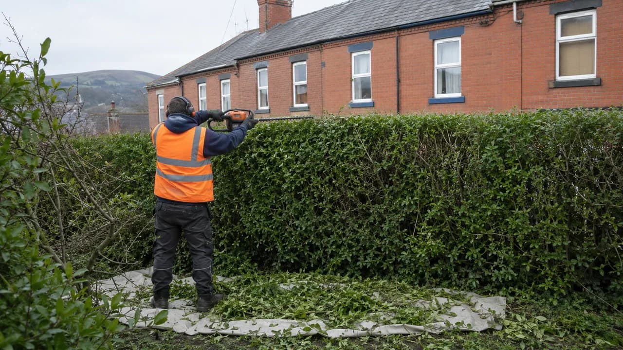 Hedge trimming in progress on a Welsh brick terrace with a slate roof on a Wrexham street, North Wales, hills in the distance