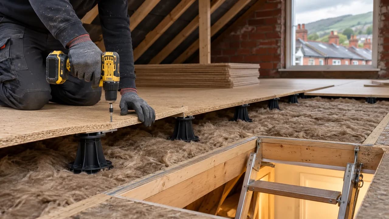 Loft boarding in progress on a Welsh brick terrace with a slate roof on a Wrexham street, North Wales, hills in the distance