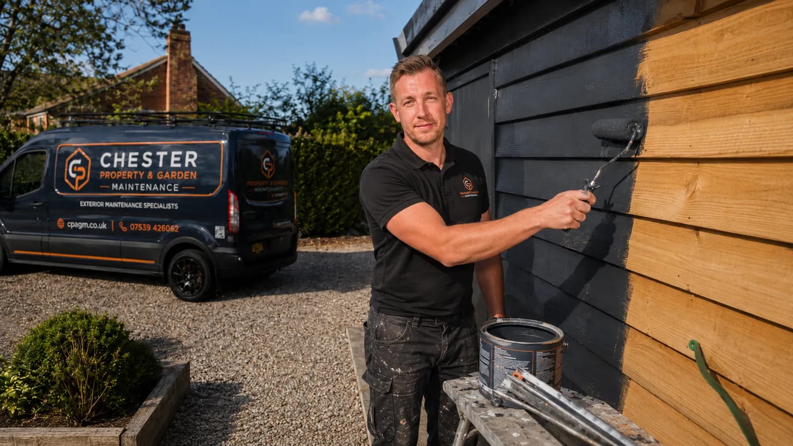 Martin painting exterior timber for Chester Property & Garden Maintenance