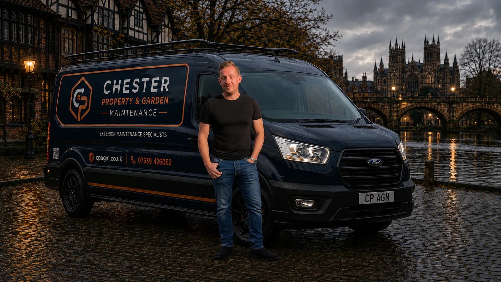 A member of the CPAGM team beside the branded company van in Chester
