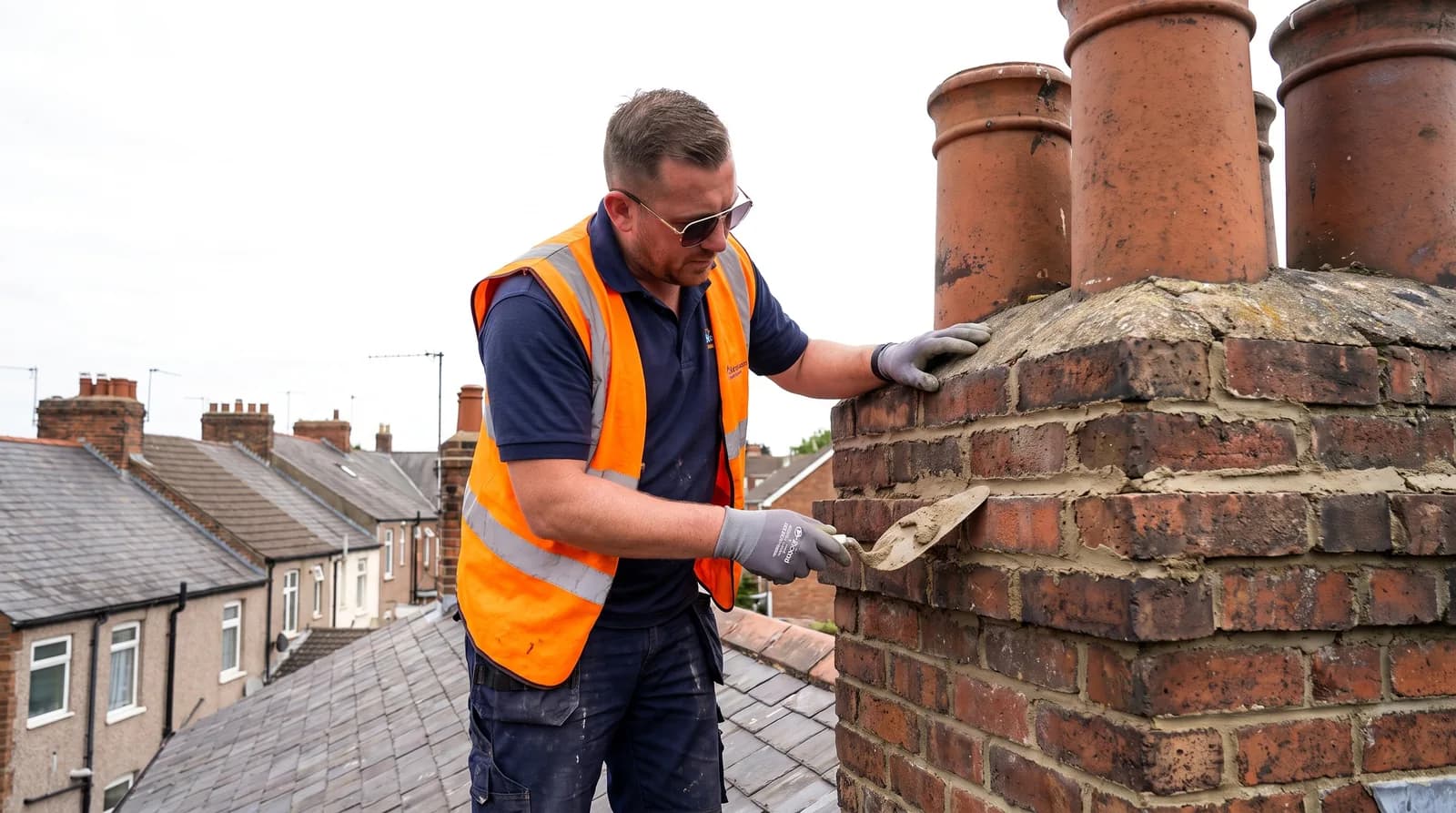 CPAGM tradesman repointing a brick chimney stack on a Chester rooftop