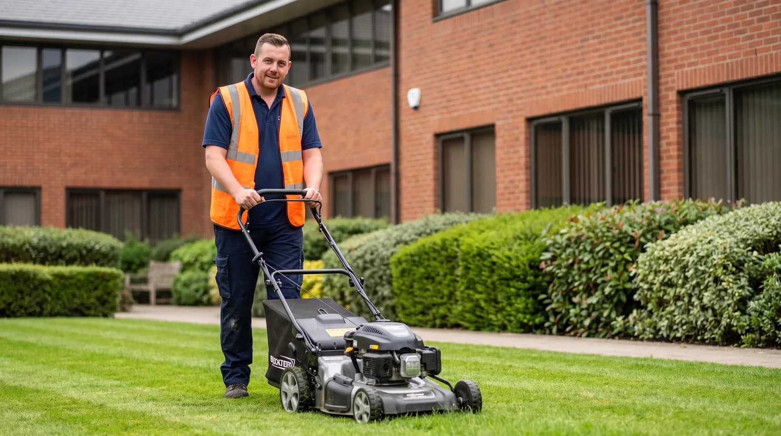 CPAGM tradesman mowing the grounds of a commercial property in Chester