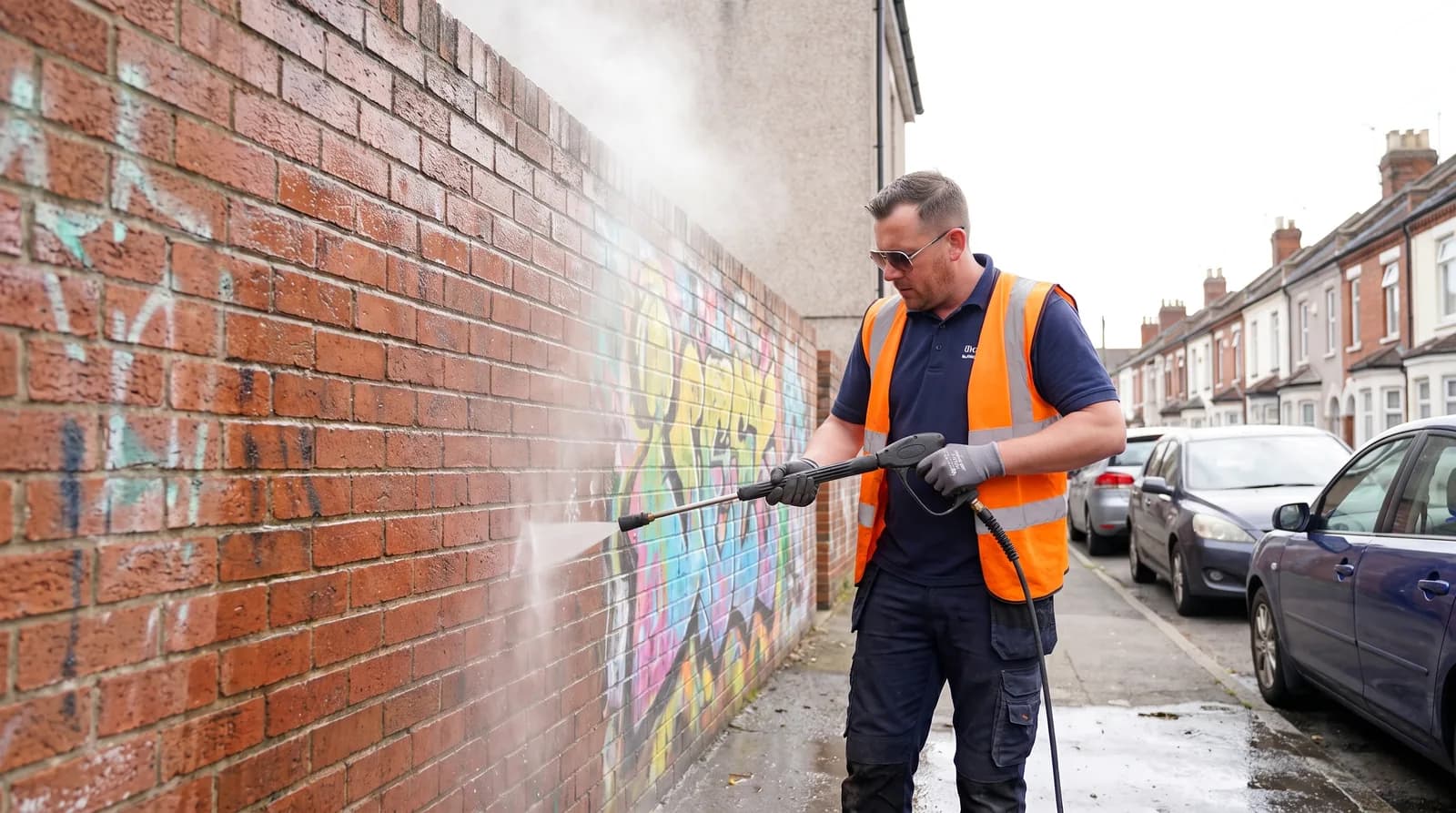CPAGM tradesman removing graffiti from a brick wall with a pressure washer