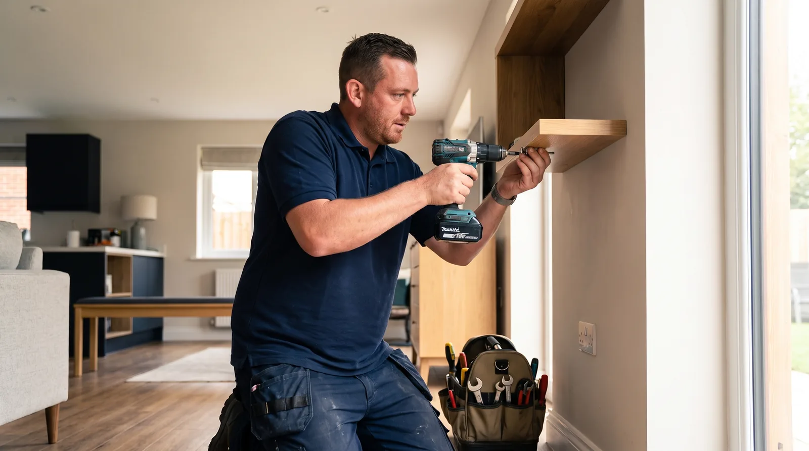 CPAGM handyman mounting a shelf with a cordless drill inside a Chester home