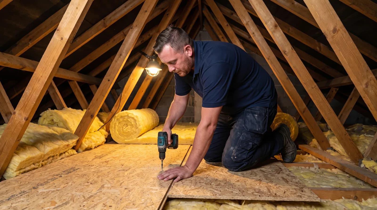 CPAGM tradesman laying loft boarding across the joists in a Chester loft