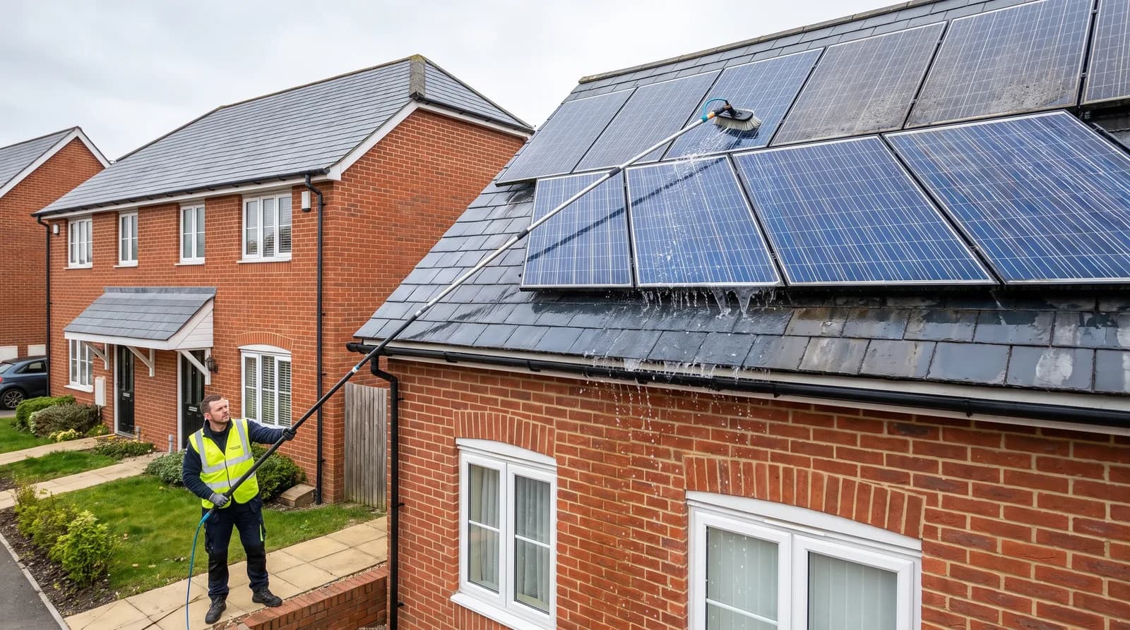 Technician cleaning rooftop solar panels with a water-fed reach-and-wash pole at a Chester home