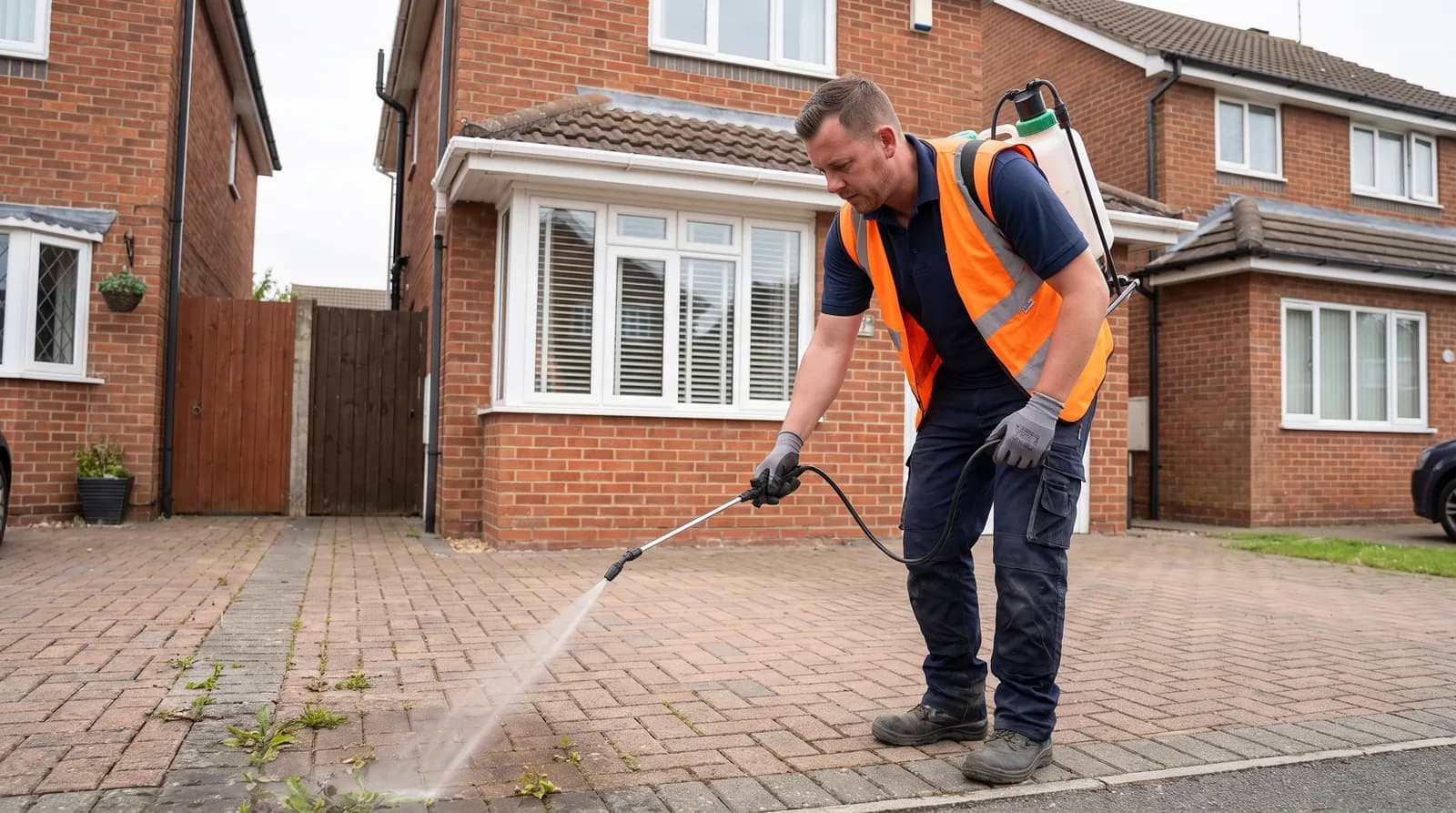 CPAGM tradesman treating driveway weeds with a knapsack sprayer in Chester
